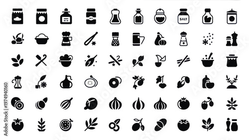 Set of 64 Black Cooking and Food Ingredient Icons Vector