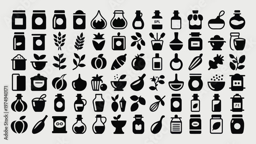 Set of 70 Black Food Ingredient and Kitchen Item Icons Vector