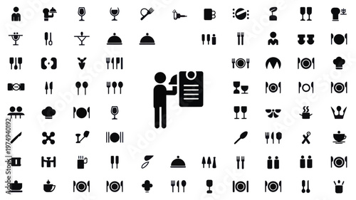 Set of 70 Black Restaurant Food and Drink Icons Vector