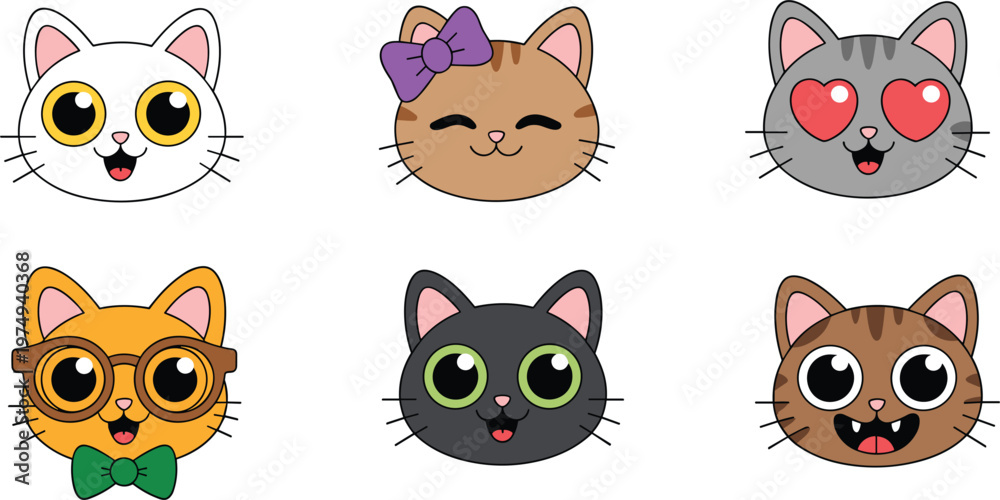 Fototapeta premium Cute cat faces set, cartoon kitten head characters isolated vector pets emoji illustration design