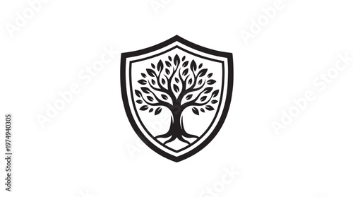 A black and white logo featuring a stylized tree with abundant leaves enclosed within a classic shield emblem, symbolizing growth and protection.