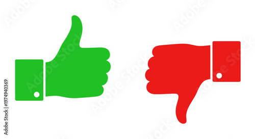 Green thumbs up and red thumbs down icons symbolizing positive feedback, approval, disapproval, like, and dislike options for user interface or social media reactions