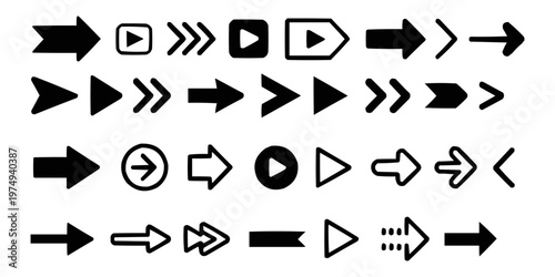 A diverse collection of modern black arrow and play button icons useful for web design and user interface navigation.