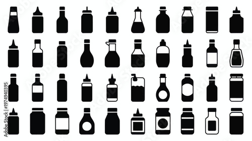 Set of 48 Black Sauce and Bottle Icons Vector
