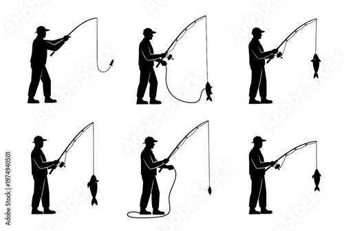 Fishermen are casting lines and catching fish in various poses on shore