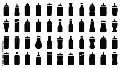 Set of 45 Black Sauce Bottle Silhouettes Vector Icons