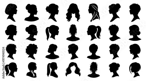 Collection of diverse female head silhouettes showcasing various hairstyles and profiles