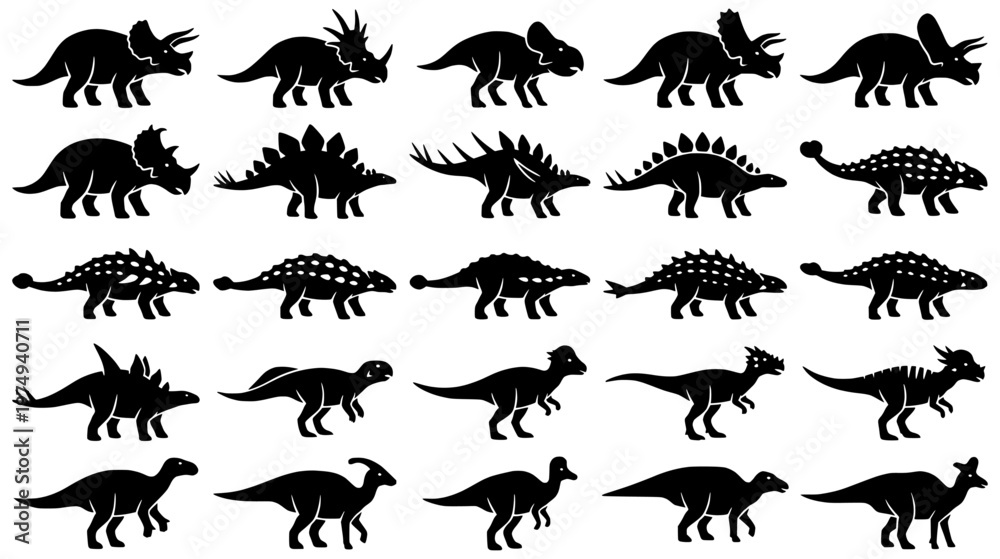 Fototapeta premium Diverse Collection of Prehistoric Dinosaur Silhouettes for Educational and Creative Projects