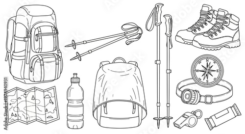 Comprehensive line art collection of essential outdoor hiking and adventure travel gear, perfect for camping, backpacking, and wilderness exploration
