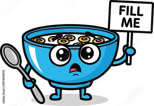A cartoon blue bowl with cereal and a sad face holds a spoon and a sign that says fill me