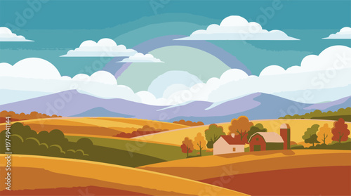 Colorful flat design autumn farm landscape with rolling hills and mountains