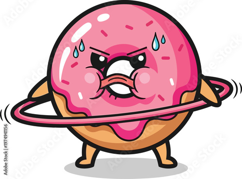 A cartoon donut character is hula hooping with a determined expression on its face.