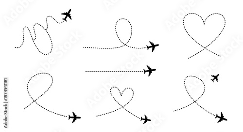 Various airplane flight paths drawn with dotted lines on a white background depicting different shapes like loops and hearts