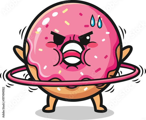 A cartoon donut character struggling to hula hoop with a frustrated expression on its face