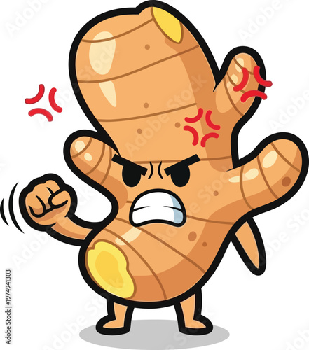 A cartoon ginger root character with an angry expression and bandages on its body