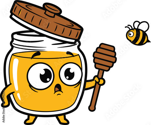 A cartoon honey jar character with a worried expression holding a honey dipper and standing next to a bee