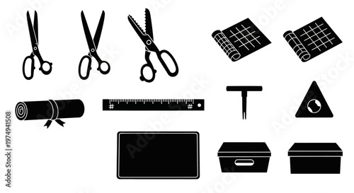 Essential craft and office supply icon set. Black silhouettes featuring scissors, rulers, measuring tools, and storage boxes for creative and educational design projects