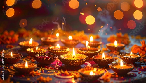 Rows of glowing, oil-filled clay lamps with wicks, softly lit on patterned surface; bokeh circles in blurred background
