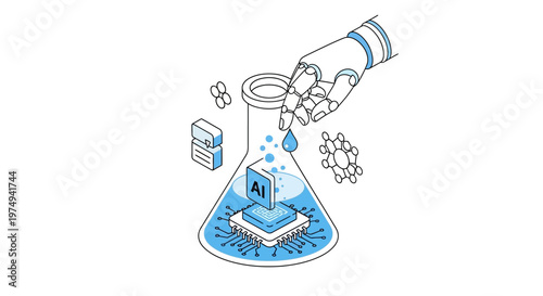 AI Technology in Science and Laboratory Research Isometric Illustration - Robotic Hand with Lab Flask and Microchip for Biotech and Innovation Concept