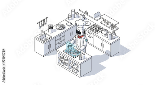 Isometric Robot Chef Illustration in a Modern Futuristic Smart Kitchen - AI Powered Culinary Automation Concept