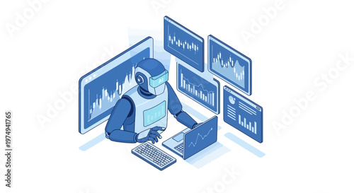 AI Robot Trading Bot Analyzing Financial Stock Market Data with Isometric Business Graphics