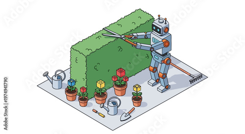 Isometric Robot Gardener Trimming Hedge with Garden Tools and Potted Flowers