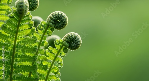 Close up of unfurling fern fronds with water droplets in soft green forest light, delicate nature growth and new beginnings