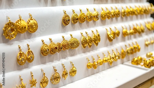Rows of golden earrings displayed on white shelves under bright light, showcasing intricate designs