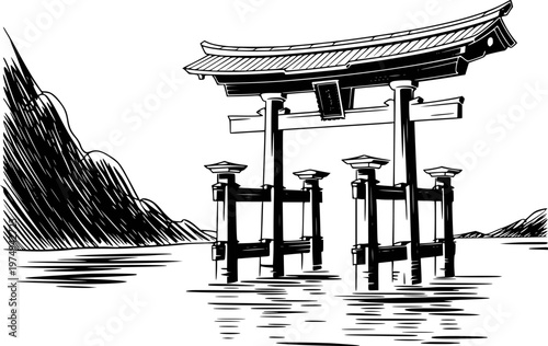 Black and white ink of a traditional Japanese torii gate standing in water with mountains in the background