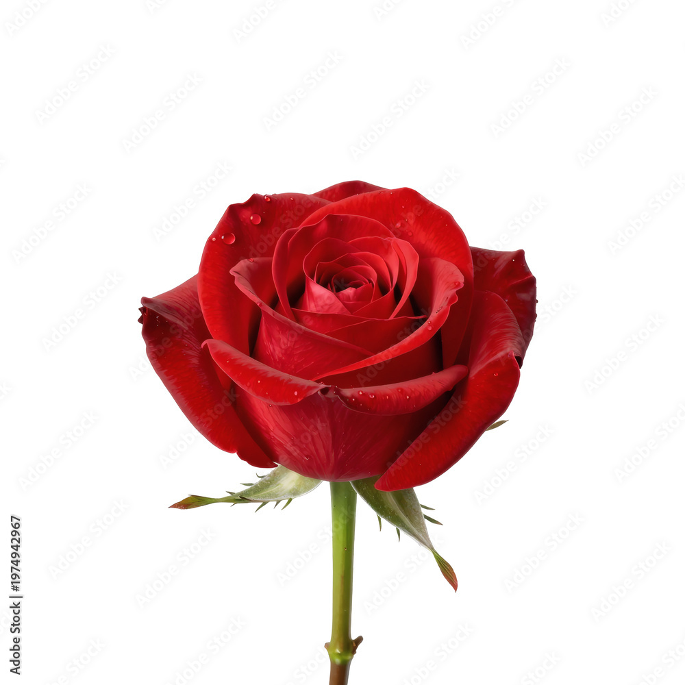 Fototapeta premium Elegant red rose with water droplets on the petals isolated on white background