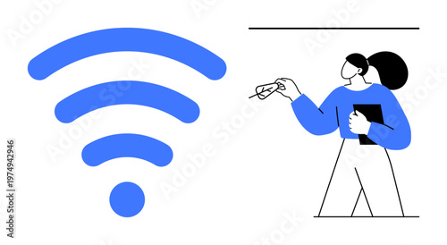 Remote communication, digital networking, online education, technology access, internet connection, wireless sharing. Blue wireless icon next to a woman holding glasses and a book. Digital networking