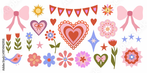 Colorful valentine s day themed stickers and floral arrangements