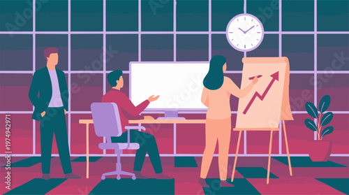 Business team collaborating on financial growth and data analysis illustration