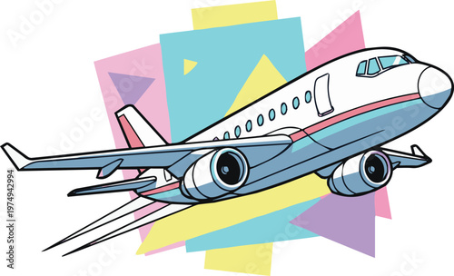 Commercial Airplane Flying with Colorful Geometric Memphis Background in Pop Art Illustration Style