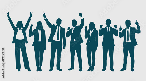 Successful business team celebrating victory with diverse gestures silhouettes