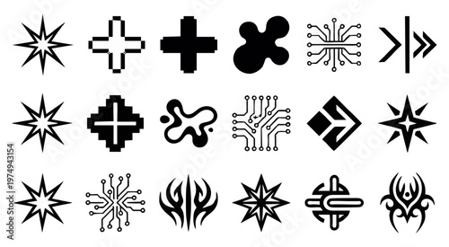Collection of diverse vector graphic symbols featuring abstract stars pixelated plus signs circuit board patterns and unique geometric tribal designs