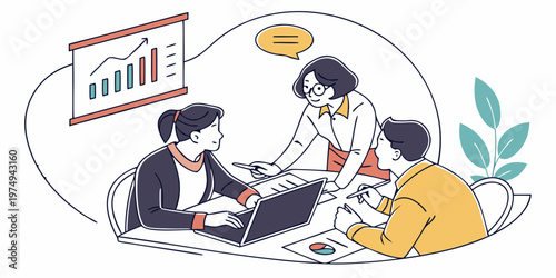 A minimalist vector illustration of three colleagues collaborating on a project at a table with a laptop and papers