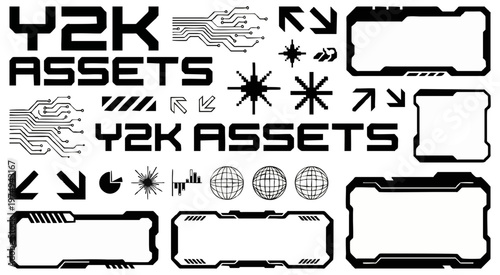 Y2K assets vector illustration featuring a diverse collection of retro-futuristic digital design elements, perfect for creative projects with a nostalgic cyber aesthetic.
