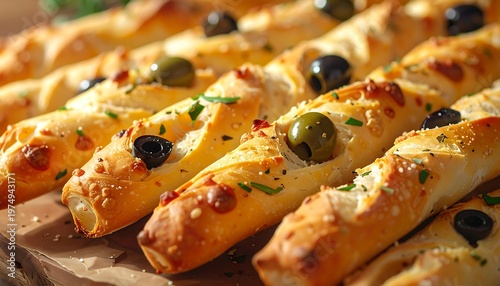 Rows of golden-brown, olive-topped, herb-sprinkled breadsticks on a cutting board basking in warm light