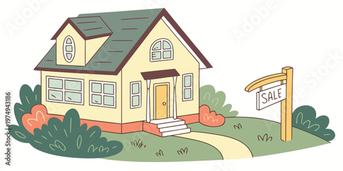 A colorful illustration of a house with a sale sign in the front yard