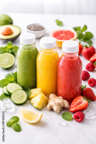 Colorful Bottled Smoothies: A vibrant composition of fresh fruit smoothies in transparent bottles, alongside their ingredients, showcasing the essence of health and natural nourishment. 