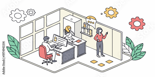 A vector graphic illustration of people working in a modern office space with technology and design elements