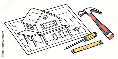 A vector graphic illustration of a house blueprint with construction tools
