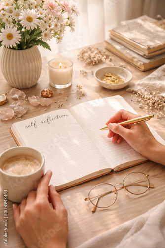 Moment of Reflection: A serene moment captured as a hand pens thoughts in a journal amidst soft light, coffee, and delicate blooms, promoting introspection.