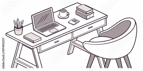 A minimalist vector illustration of a modern workspace with a laptop and office supplies on a desk