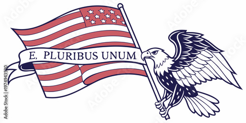 A patriotic American eagle illustration holding a flag with the national motto
