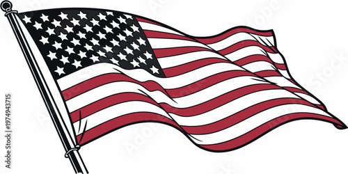 Schilderij op canvas A vector illustration of the American flag waving on a pole