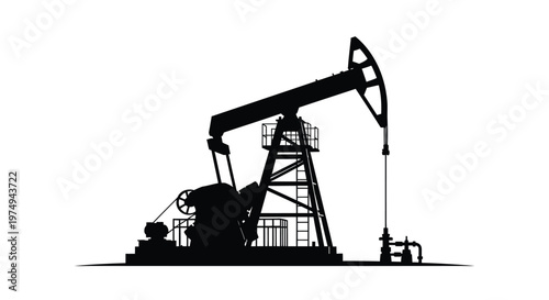 Oil pump jack machinery against a white background detailed black silhouette