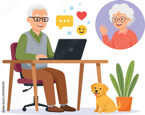 An elderly man video chatting with a woman on his laptop while sitting with his dog