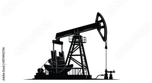 Black silhouette of an oil pump jack operating in an industrial setting silhouette